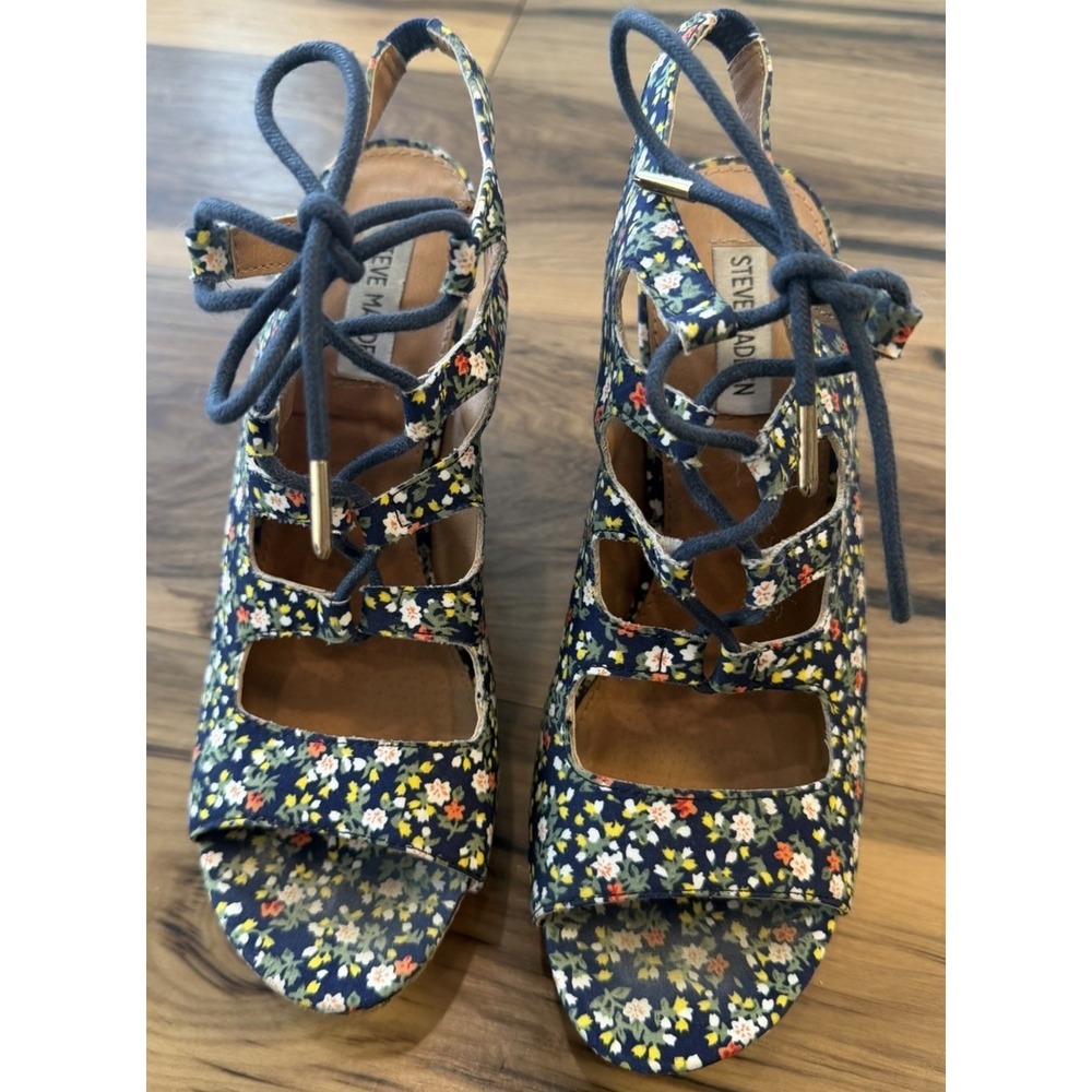 Steve Madden Epernae Floral Wedge Sandals Cork Heel Lace Up Women 8.5M Boho Y2k